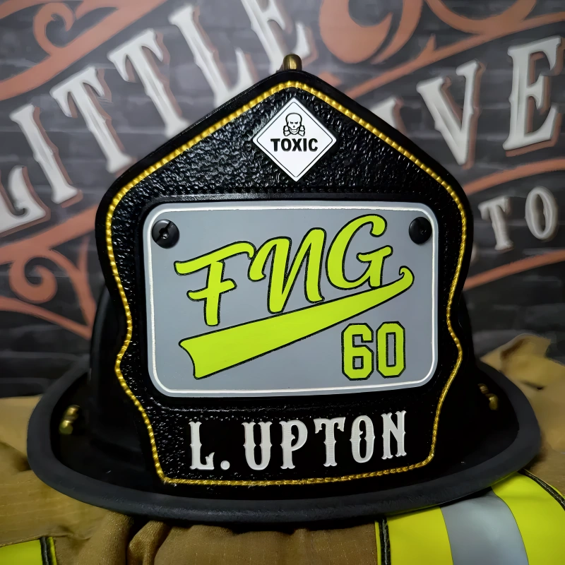Durable firefighter helmet shield made from leather featuring passport format for rank identity