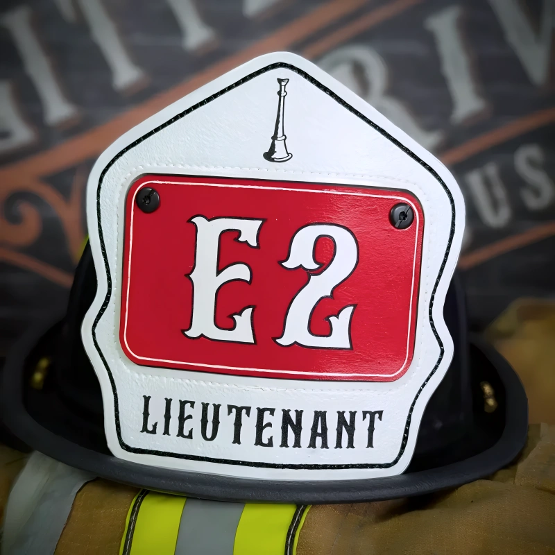 Leather firefighter helmet shield styled in passport layout for station and department pride