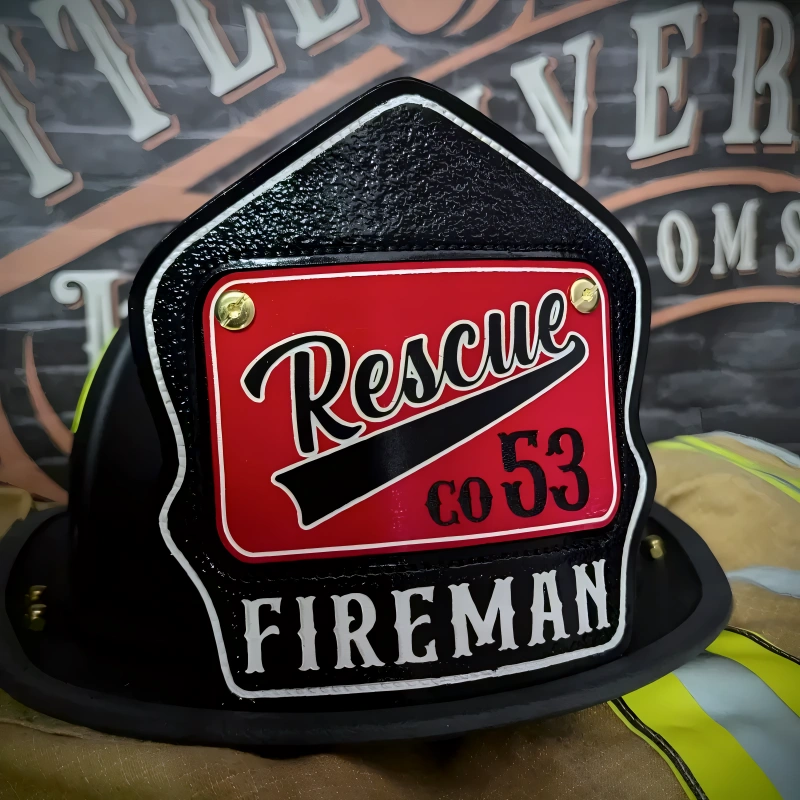 Traditional firefighter helmet shield crafted in leather with passport shield format