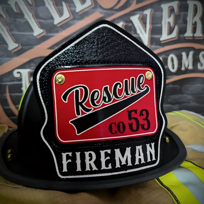 Traditional firefighter helmet shield crafted in leather with passport shield format