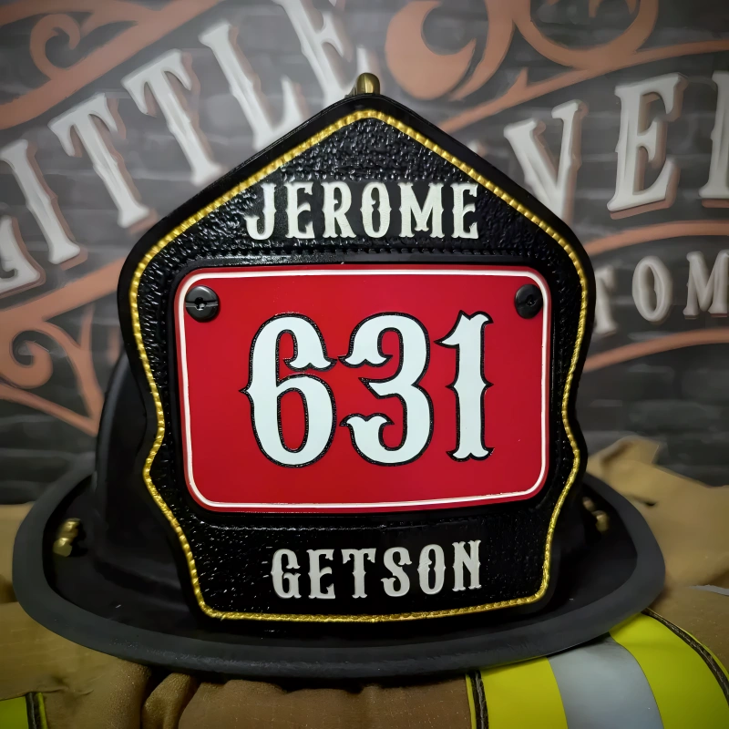 Bold passport firefighter helmet shield made from leather with professional fire service design