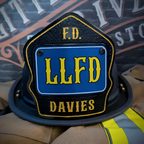 Leather firefighter helmet shield customized in passport format for station and crew identity