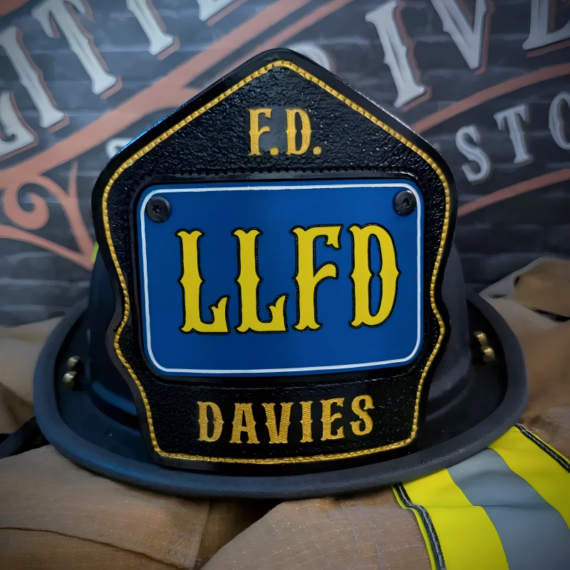 Leather firefighter helmet shield customized in passport format for station and crew identity