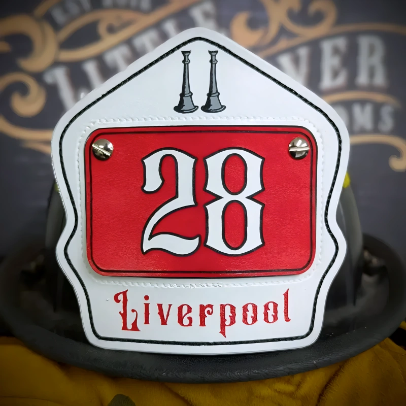 Leather firefighter helmet shield featuring passport layout for professional fire service appearance