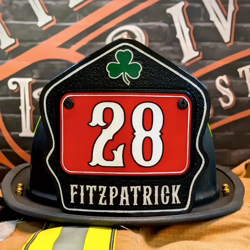 Custom passport leather firefighter helmet shield showcasing traditional firehouse format