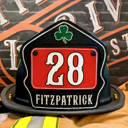 Custom passport leather firefighter helmet shield showcasing traditional firehouse format