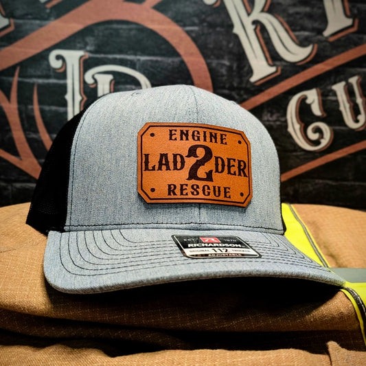 Passport leather patch hat featuring firefighter name and station number customization