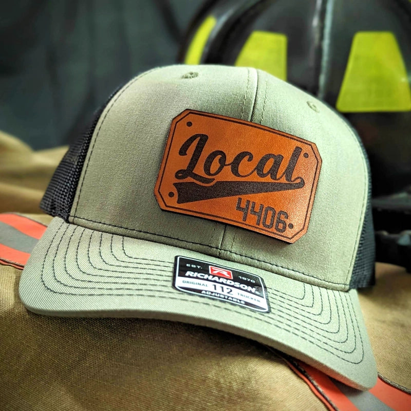 Rugged firefighter gear hat with clear passport leather patch personalization