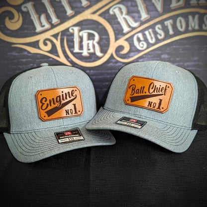 Custom station hat with durable passport leather patch for firefighters