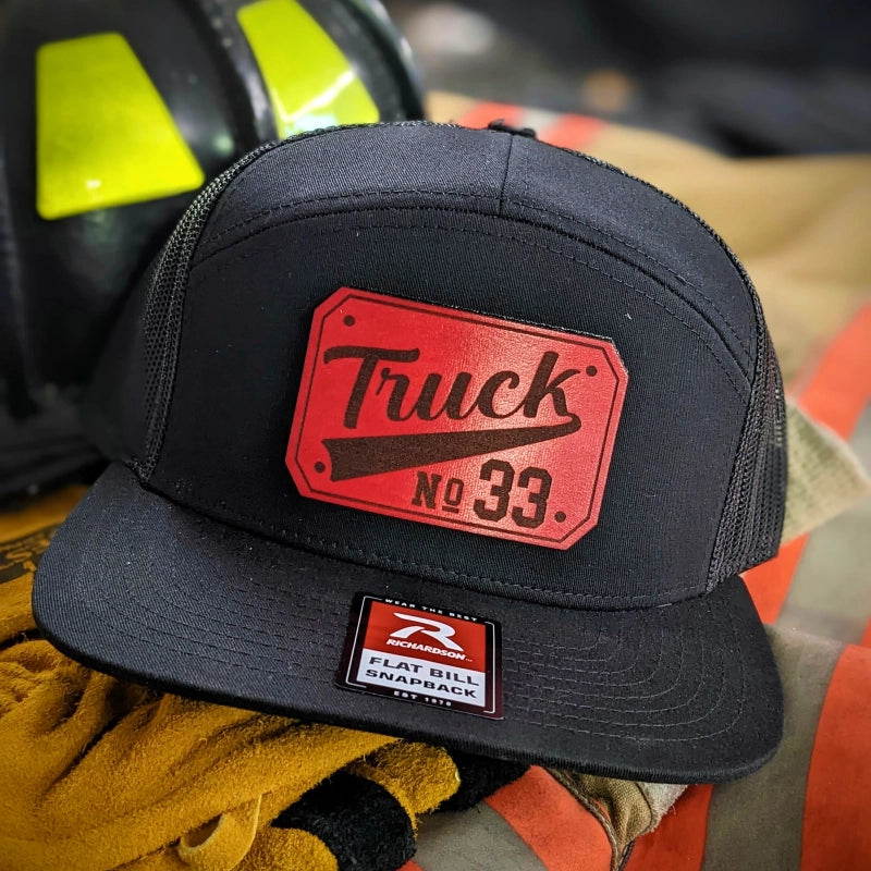 Fire service hat showing crisp passport leather patch with custom details