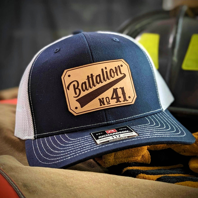 Firefighter station apparel hat featuring durable passport leather patch design