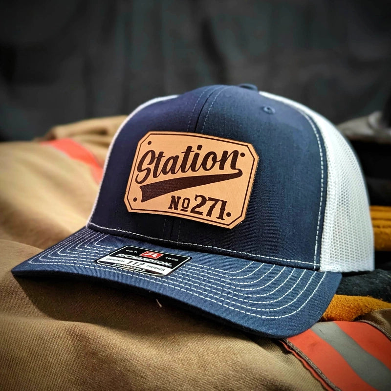 Custom firefighter hat with crisp lettering on passport leather patch