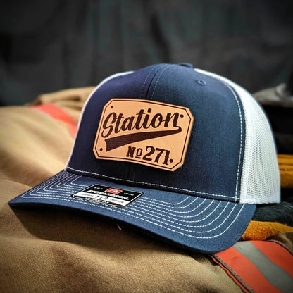 Custom firefighter hat with crisp lettering on passport leather patch