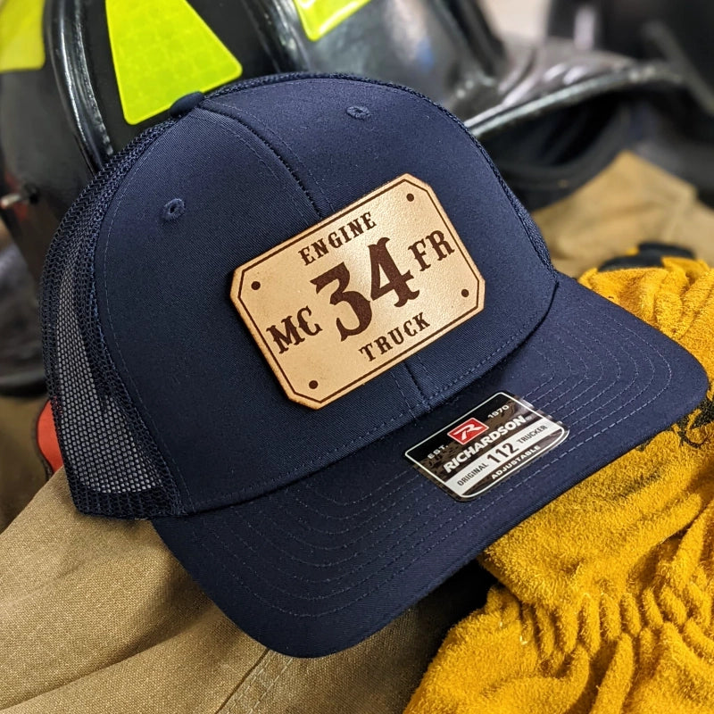 Professional firefighter hat featuring rugged passport patch customization