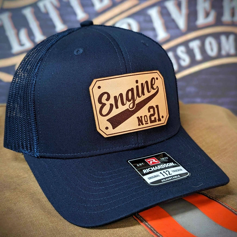 Custom firefighter hat displaying professional passport style patch front view