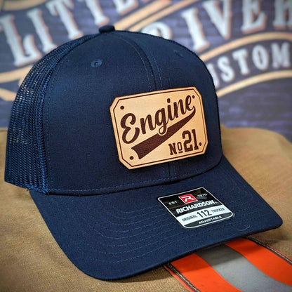 Custom firefighter hat displaying professional passport style patch front view