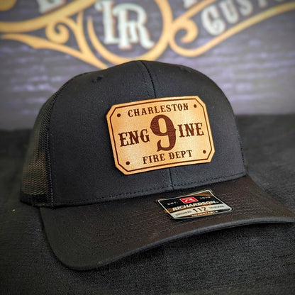 Rugged firefighter gear hat featuring passport leather patch design
