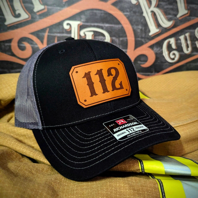 Fire service hat with crisp durable passport leather patch layout