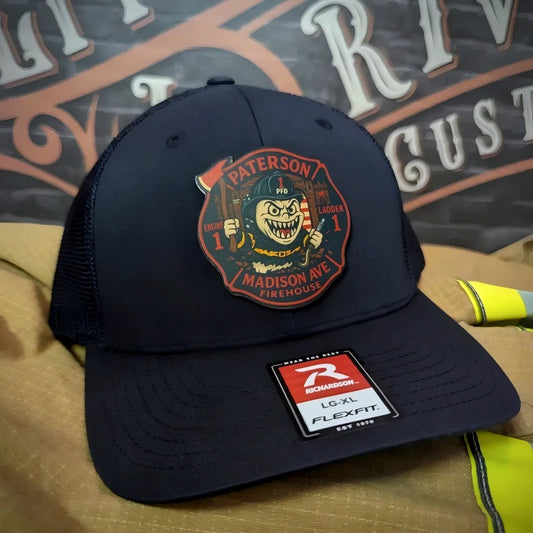 Paterson Madison Ave firefighter hat with ghost and crossed irons patch