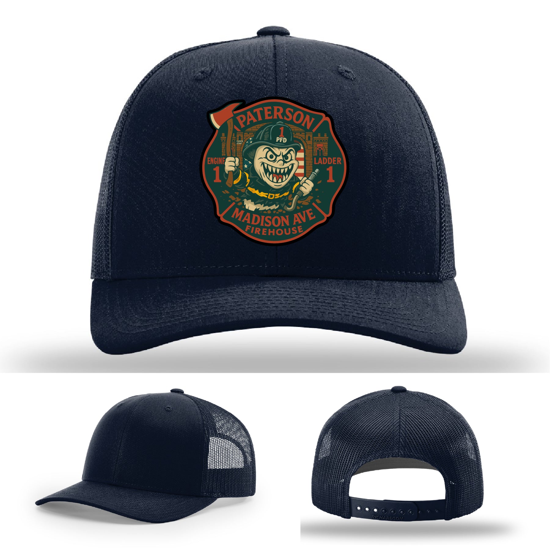 Firehouse leather patch hat featuring Paterson Madison Ave ghost design