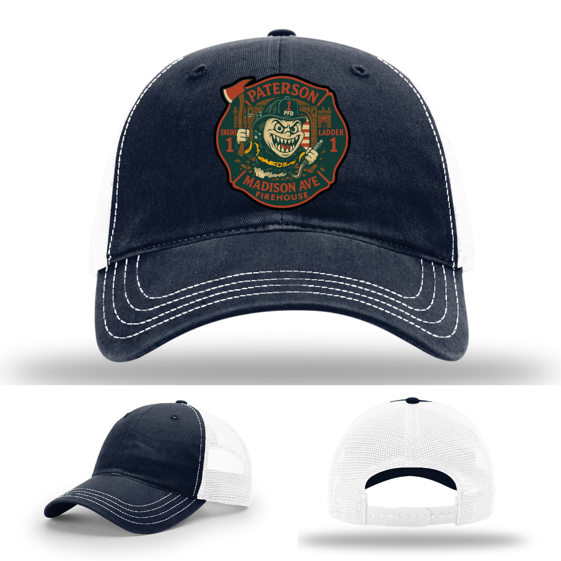Custom firefighter hat showing Paterson Madison Ave ghost insignia
