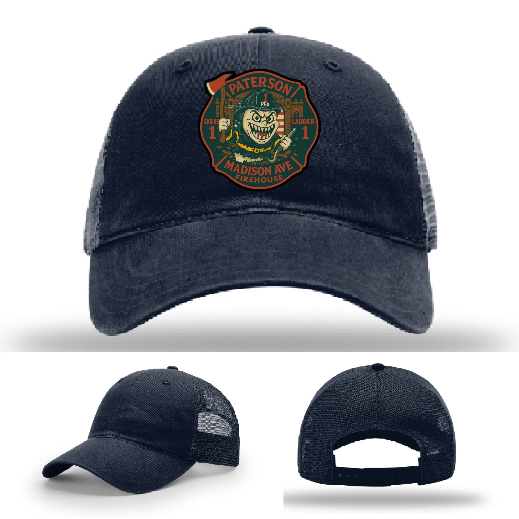 Firefighter station hat with Paterson Madison Ave ghost leather patch