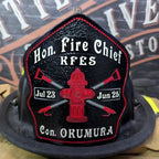 Handmade leather firefighter helmet shield with live preview