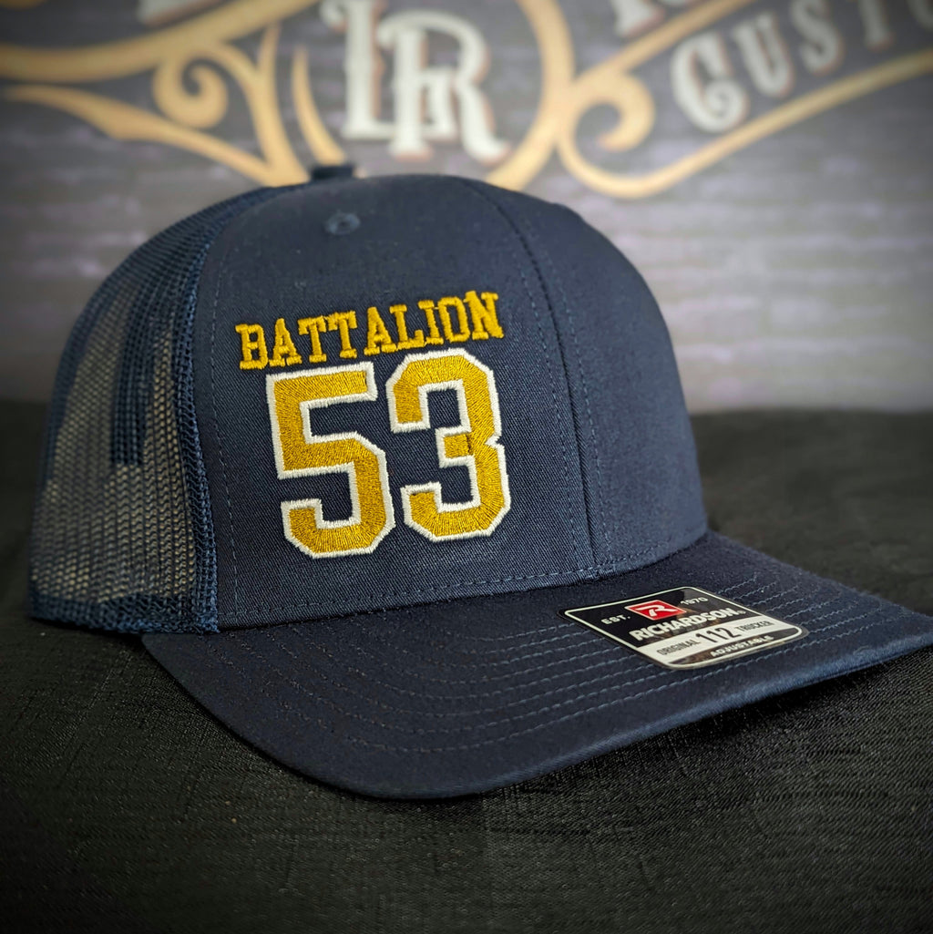 Custom embroidered firefighter hat with bold stitching, structured fit, and premium Richardson snapback design