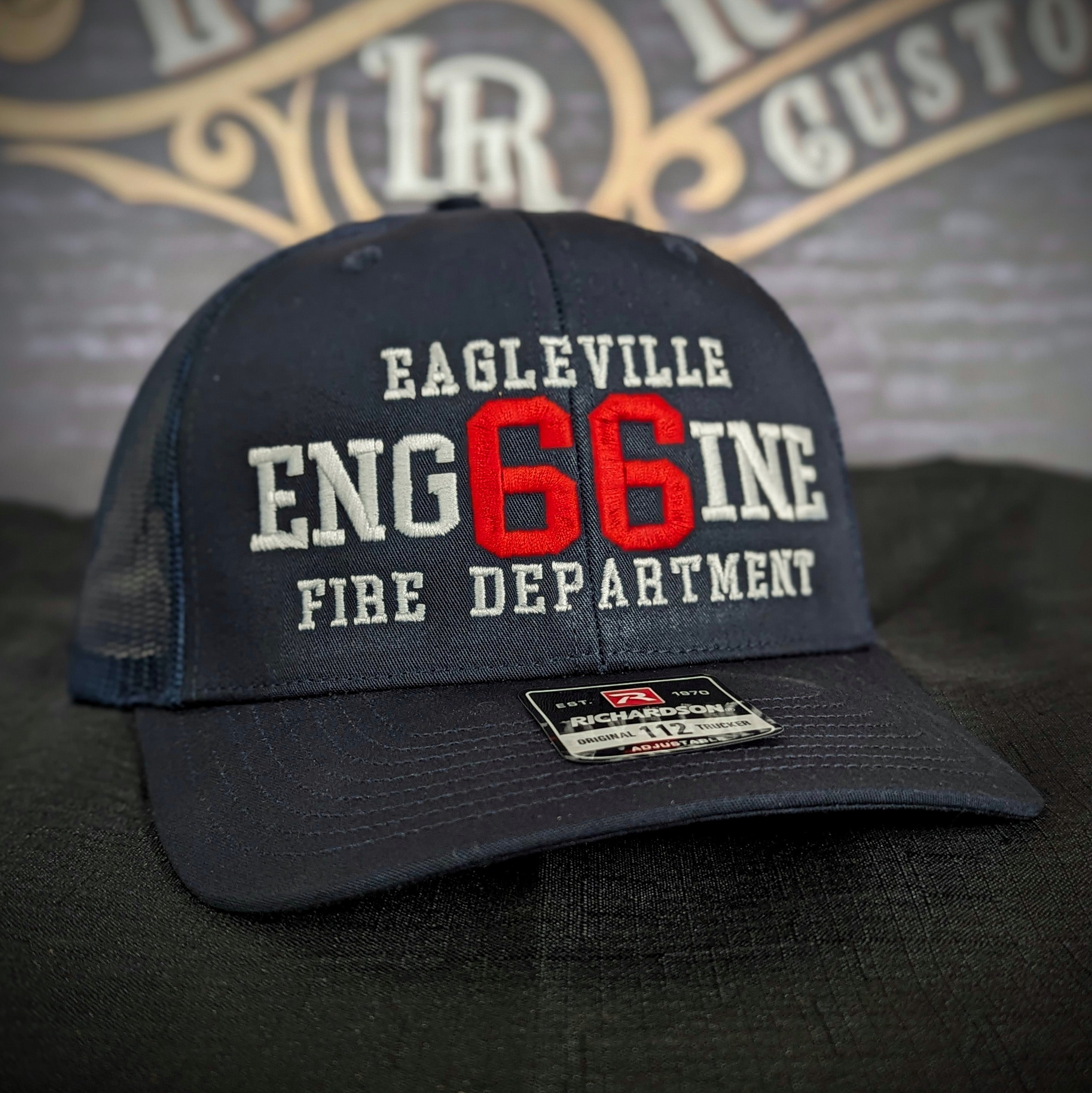 Custom embroidered firefighter hat with bold stitching, structured fit, and premium Richardson snapback design