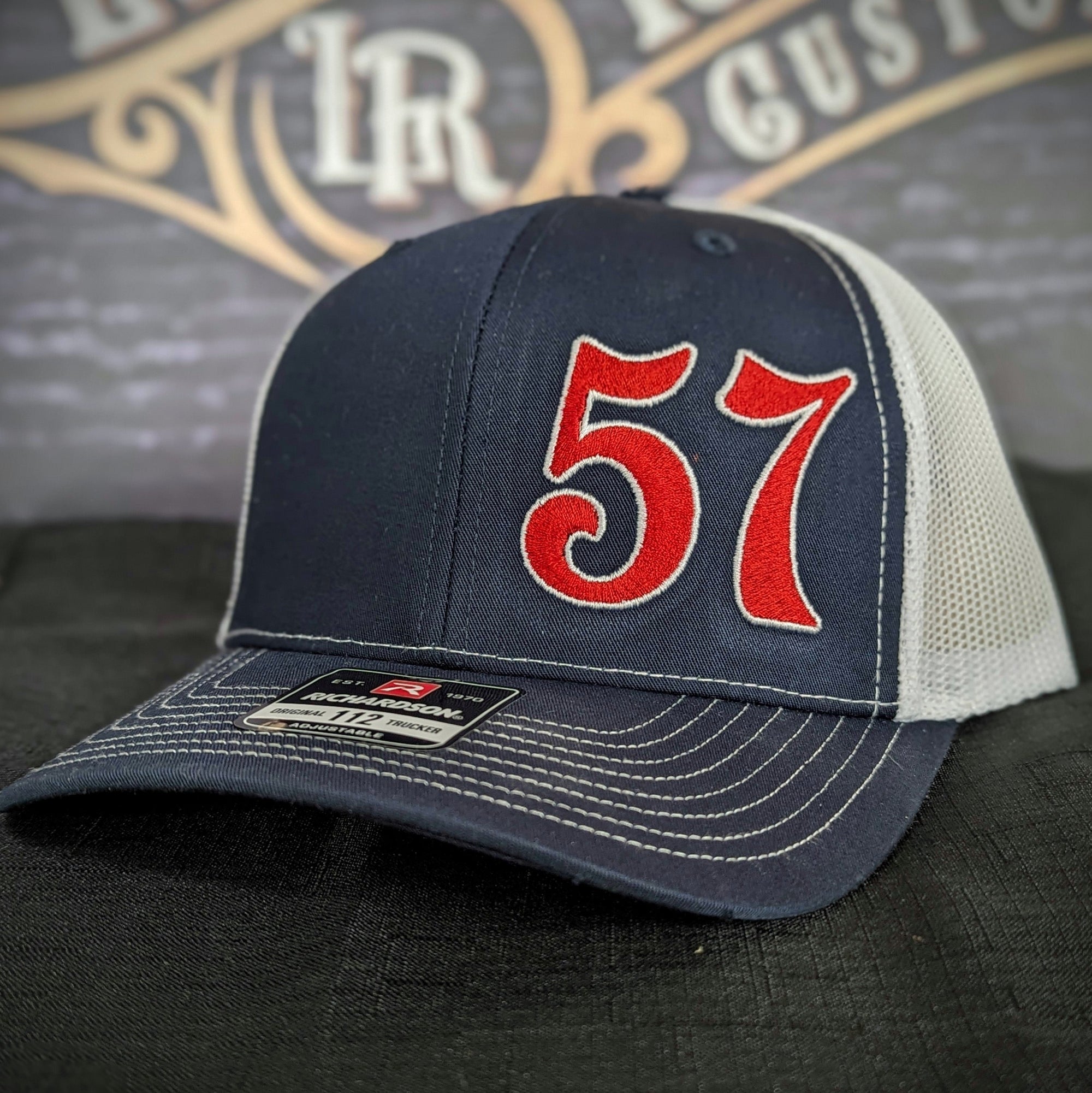 Custom embroidered firefighter hat with bold stitching, structured fit, and premium Richardson snapback design