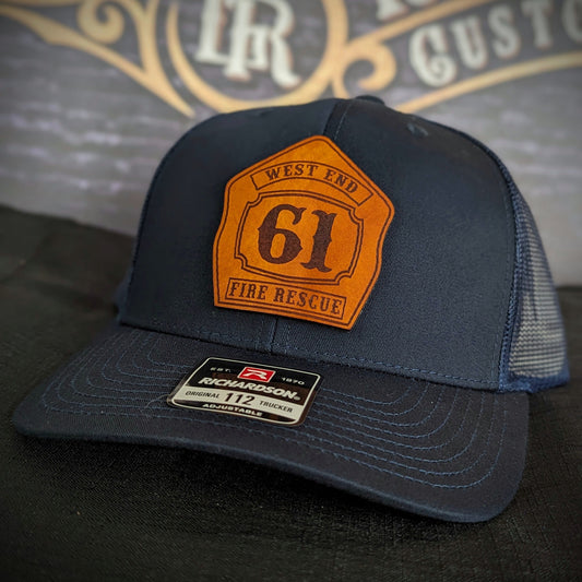 Custom fire department hat with leather shield patch
