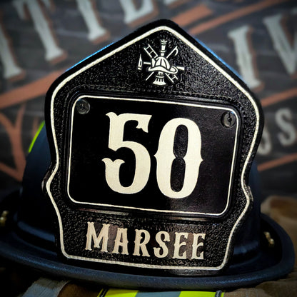 Personalized firefighter helmet shield in passport style with bold number, custom name, and clean line layout for rank, station, or company"