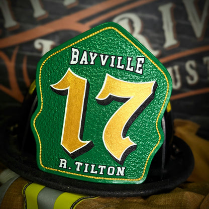 custom leather helmet shield – crafted for firefighter gear setups