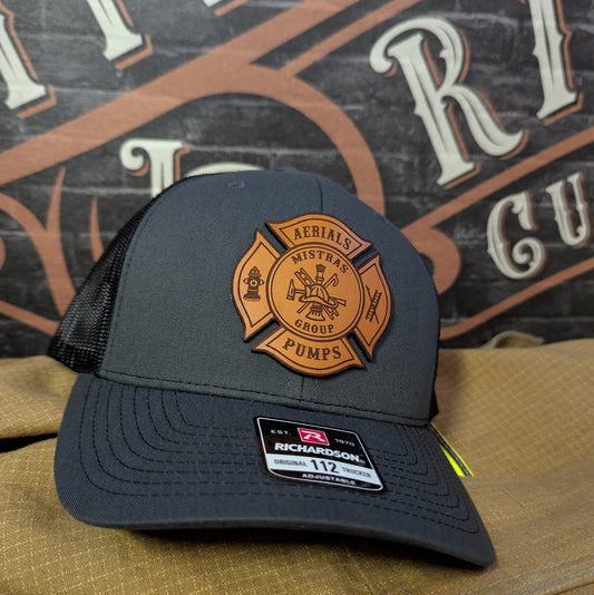 Custom firefighter hat with handcrafted leather patch, personalized with fire department name, station number, or logo