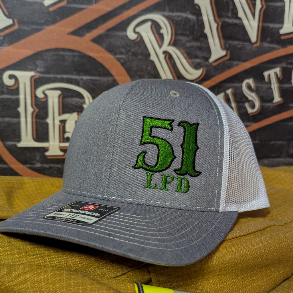 Custom embroidered firefighter hat with bold stitching, structured fit, and premium Richardson snapback design