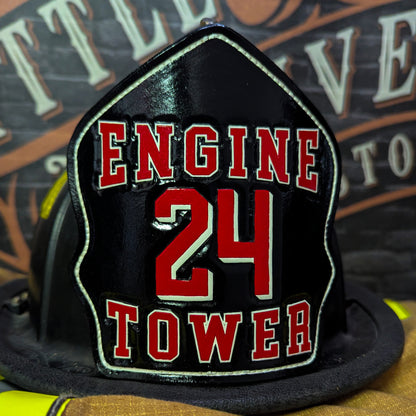 leather firefighter helmet front – perfect for personalized fire gear