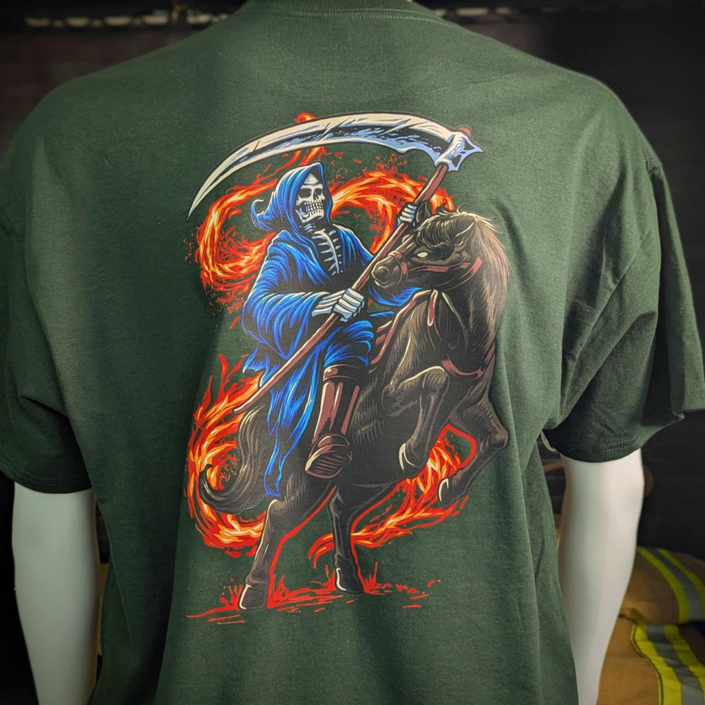 Reapers Run Firefighter Tee with grim reaper on horseback back artwork bold flame design and clean front