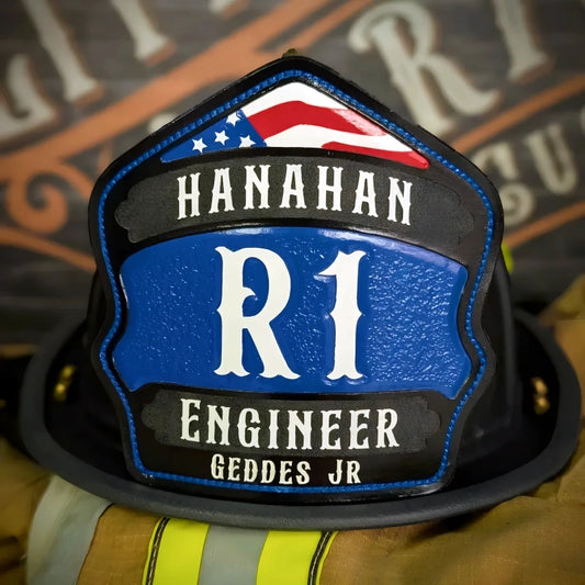 Custom Renegade firefighter helmet shield in leather