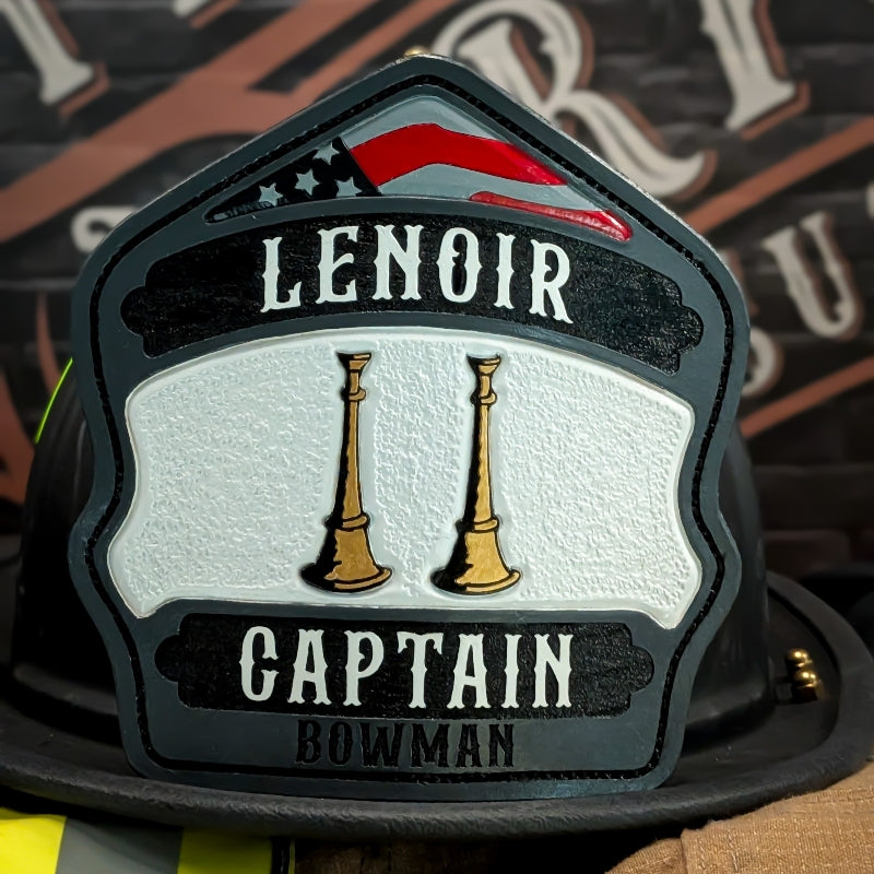 Firefighter helmet shield with custom leather design