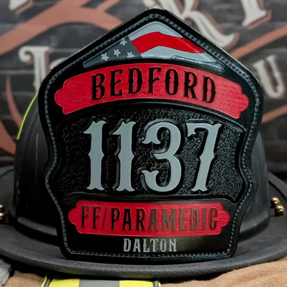 Custom leather firefighter helmet shield with clean rank layout