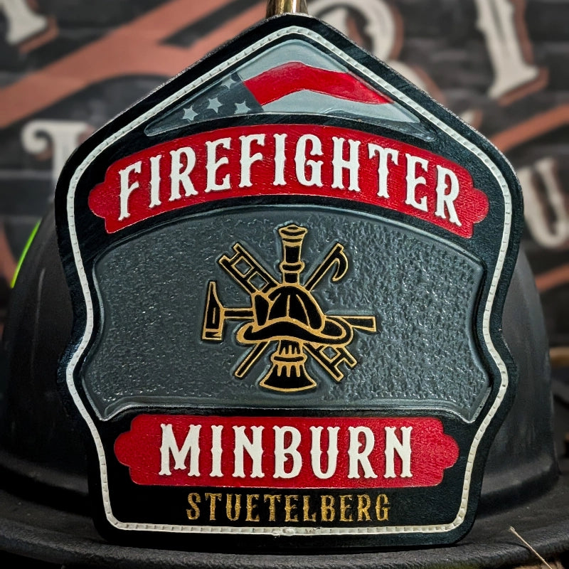 Firefighter helmet shield with clean traditional layout
