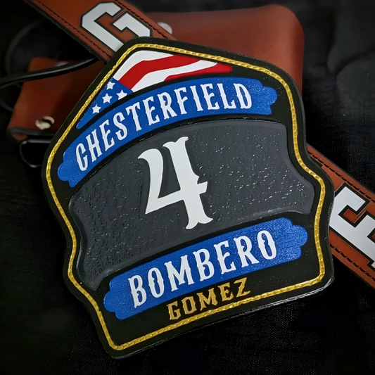 Custom leather firefighter helmet shield handmade in the Renegade style with rocker layout, American flag detail, and durable firehouse design.