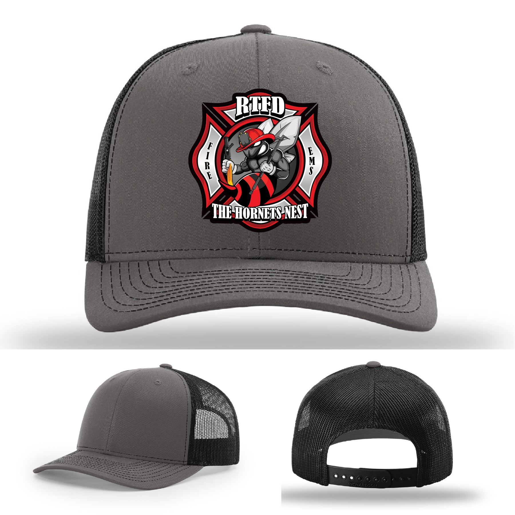 Richardson hat with firefighter leather patch RTFD Hornet’s Nest