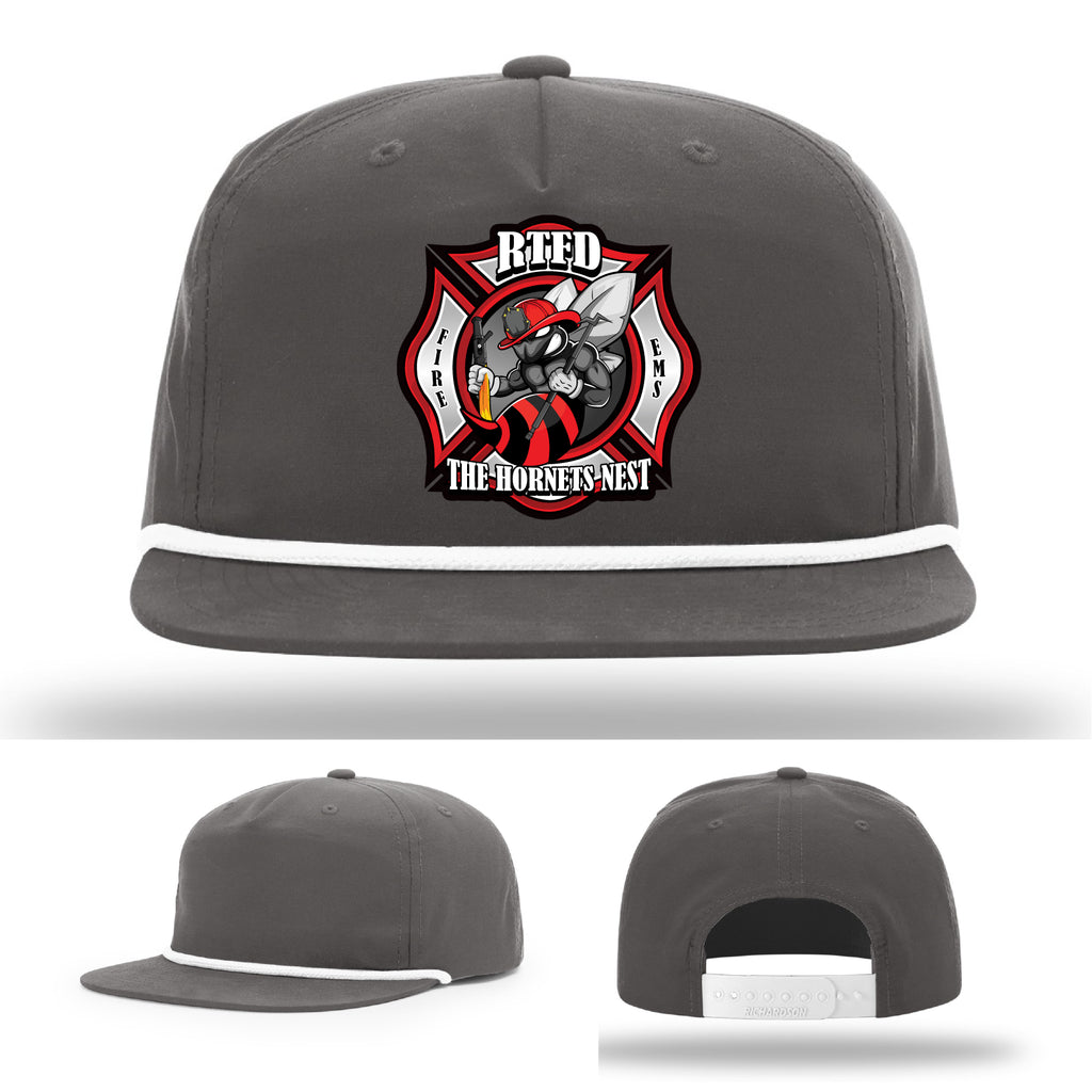 Custom leather firefighter hat with RTFD Hornet’s Nest emblem