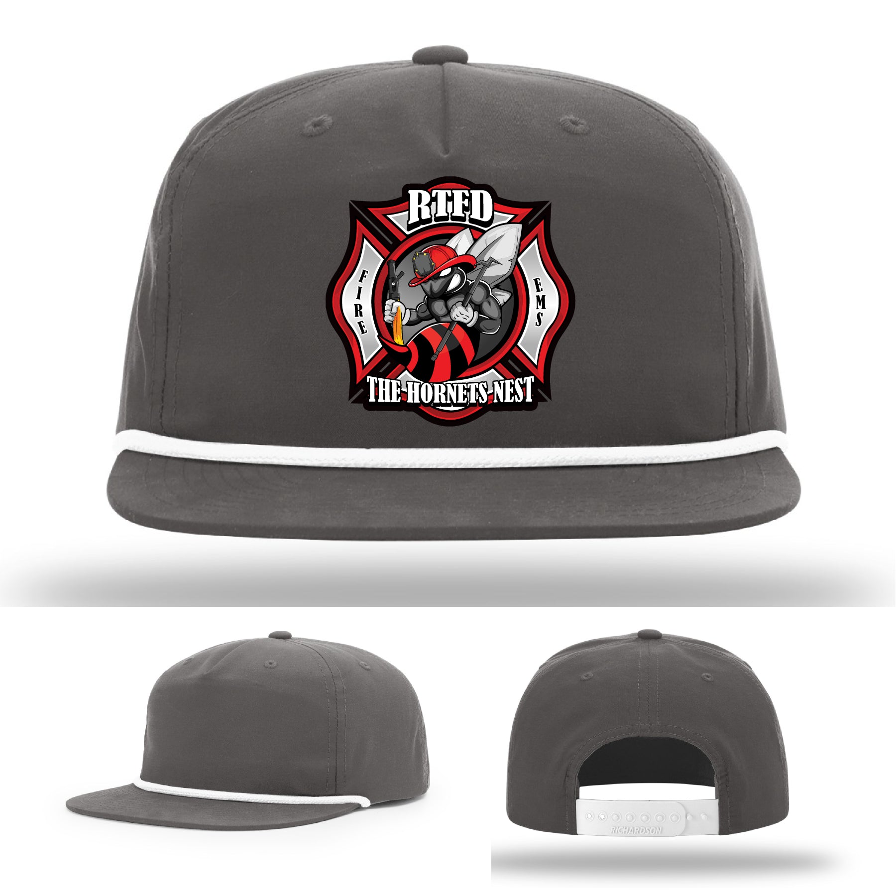 Custom leather firefighter hat with RTFD Hornet’s Nest emblem
