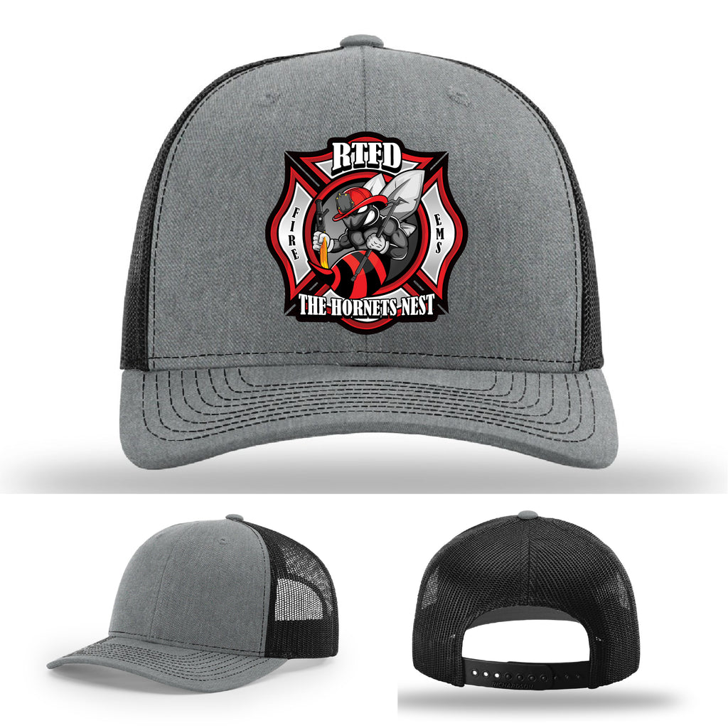 Firefighter hat showing RTFD Hornet’s Nest custom patch design