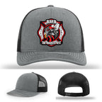 Firefighter hat showing RTFD Hornet’s Nest custom patch design