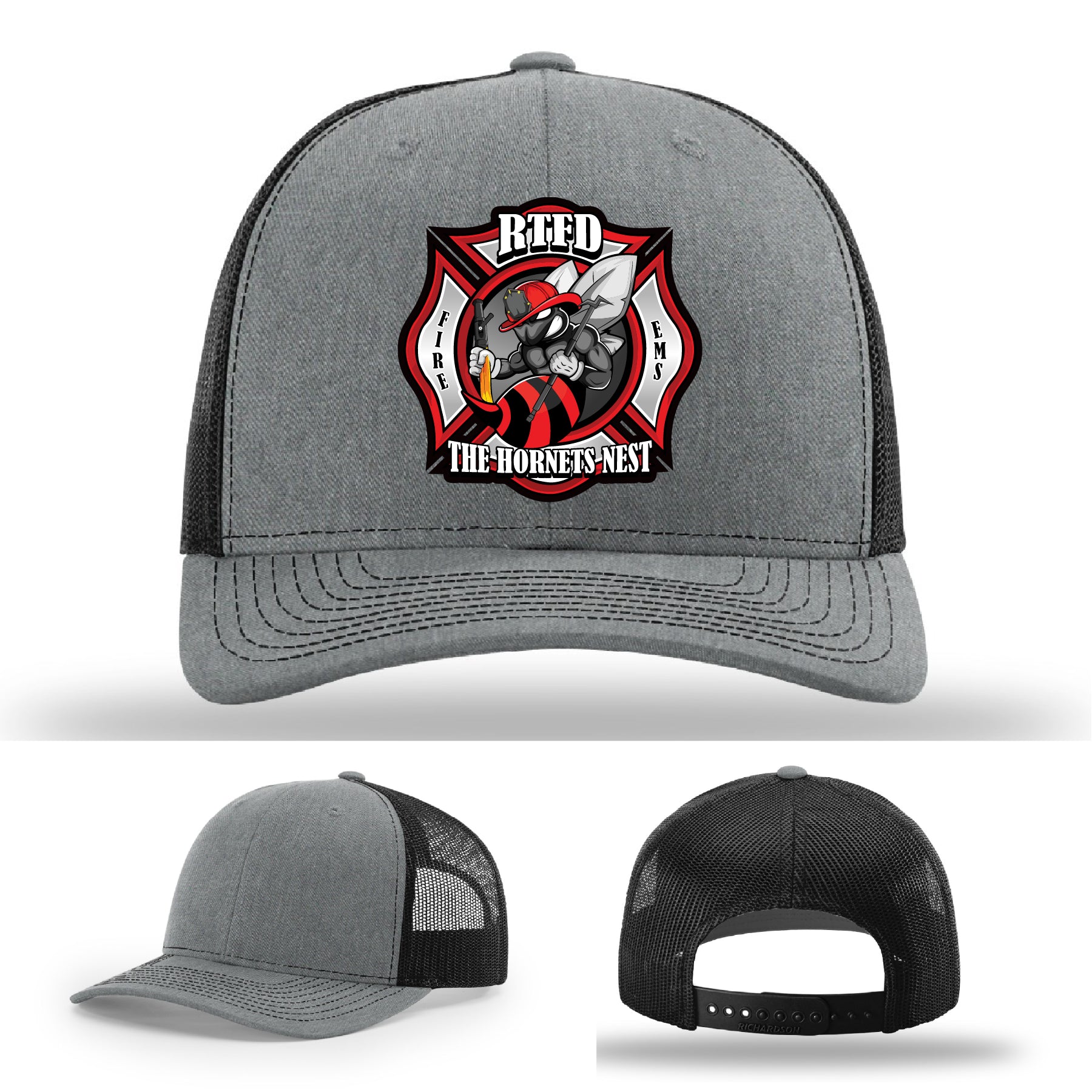 Firefighter hat showing RTFD Hornet’s Nest custom patch design