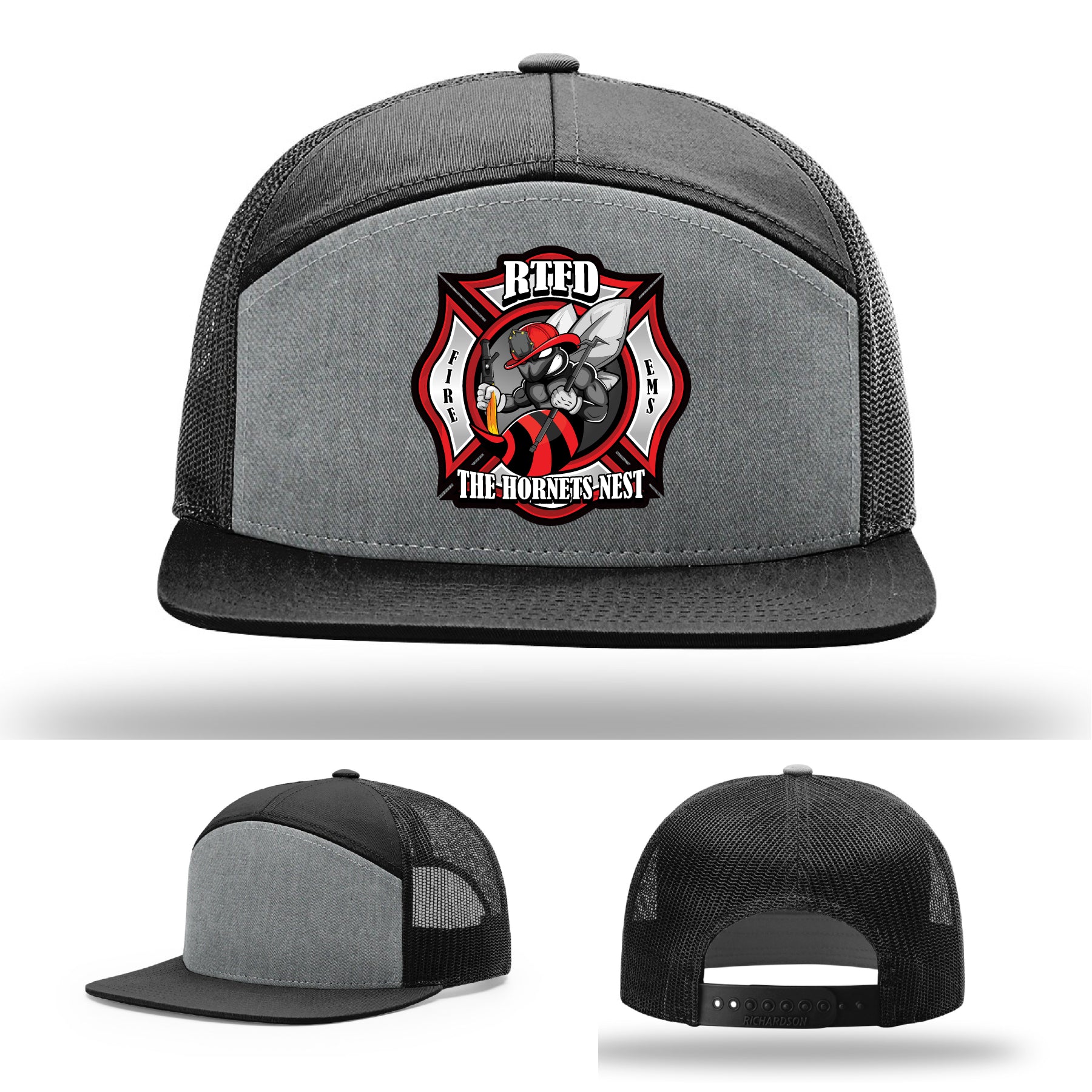 Custom firefighter hat Richardson with RTFD Hornet’s Nest leather patch