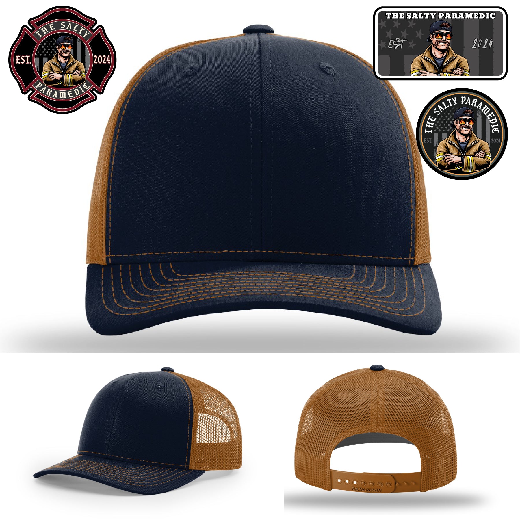 Bold full color Salty Paramedic leather patch firefighter hat